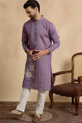 Men's lavender viscose rayon embroidered solid kurta stylish festive ethnic wear