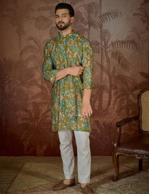 Men's green viscose rayon printed floral kurta – stylish festive ethnic wear 5