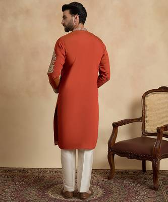 Men's orange silk blend embroidered solid kurta – stylish festive ethnic wear 4