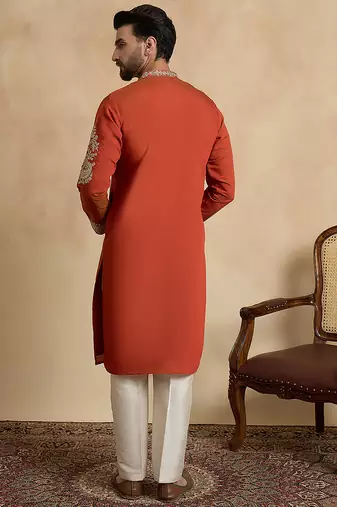 Men's orange silk blend embroidered solid kurta stylish festive ethnic wear