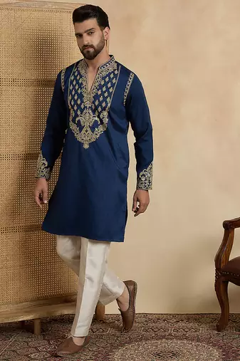 Men's blue silk blend embroidered solid kurta stylish festive ethnic wear