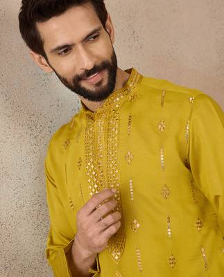 Men's yellow silk blend embroidered solid kurta – stylish festive ethnic wear 1