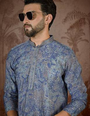 Men's blue viscose rayon embroidered floral kurta – stylish festive ethnic wear 1