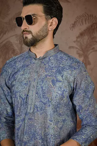 Men's blue viscose rayon embroidered floral kurta – stylish festive ethnic wear