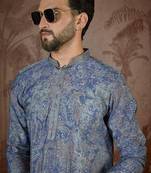 Men's blue viscose rayon embroidered floral kurta – stylish festive ethnic wear