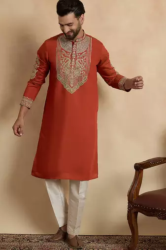 Men's orange silk blend embroidered solid kurta stylish festive ethnic wear