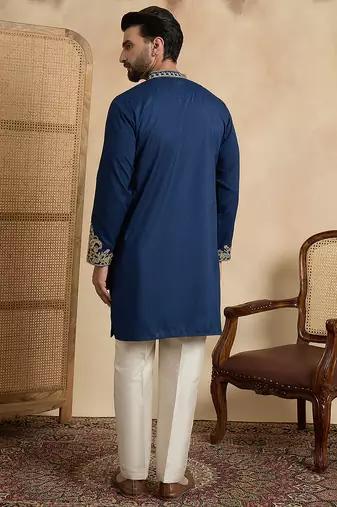 Men's blue silk blend embroidered solid kurta stylish festive ethnic wear
