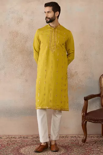 Men's yellow silk blend embroidered solid kurta – stylish festive ethnic wear