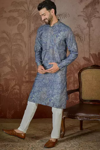 Men's blue viscose rayon embroidered floral kurta – stylish festive ethnic wear