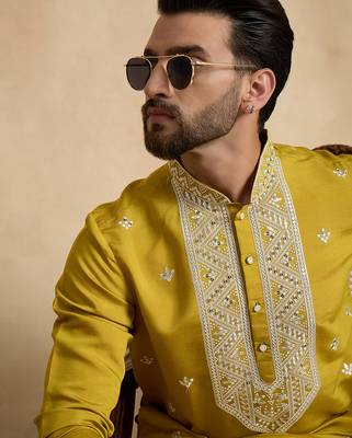 Men's yellow viscose rayon embroidered solid kurta – stylish festive ethnic wear 1