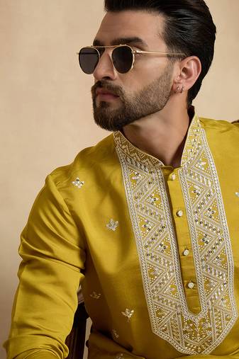 Men's yellow viscose rayon embroidered solid kurta stylish festive ethnic wear