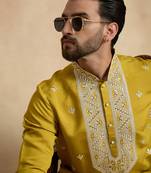 Men's yellow viscose rayon embroidered solid kurta – stylish festive ethnic wear