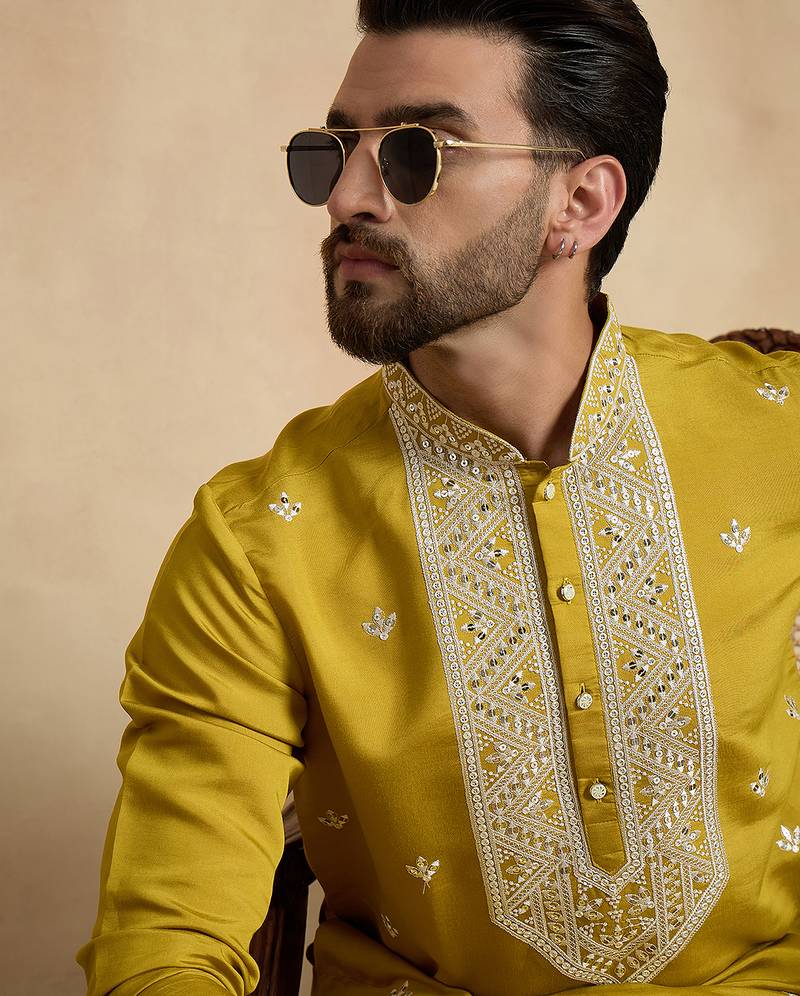Men's yellow viscose rayon embroidered solid kurta – stylish festive ethnic wear