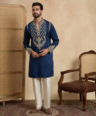 Men's blue silk blend embroidered solid kurta – stylish festive ethnic wear 5