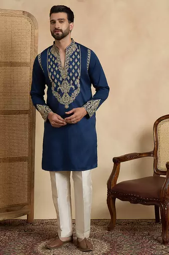 Men's blue silk blend embroidered solid kurta stylish festive ethnic wear