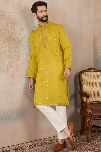 Men's yellow silk blend embroidered solid kurta – stylish festive ethnic wear