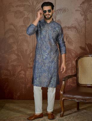 Men's blue viscose rayon embroidered floral kurta – stylish festive ethnic wear 3