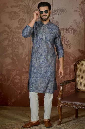 Men's blue viscose rayon embroidered floral kurta – stylish festive ethnic wear