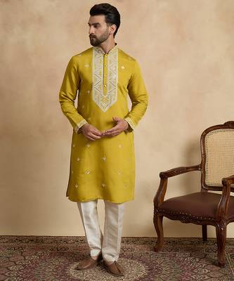 Men's yellow viscose rayon embroidered solid kurta – stylish festive ethnic wear 2