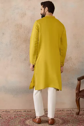 Men's yellow silk blend embroidered solid kurta – stylish festive ethnic wear