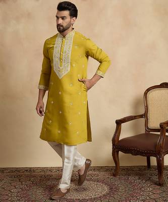 Men's yellow viscose rayon embroidered solid kurta – stylish festive ethnic wear 3