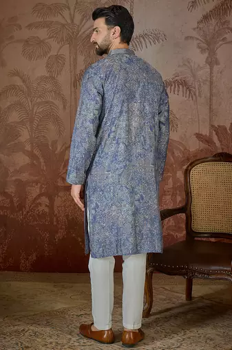 Men's blue viscose rayon embroidered floral kurta – stylish festive ethnic wear