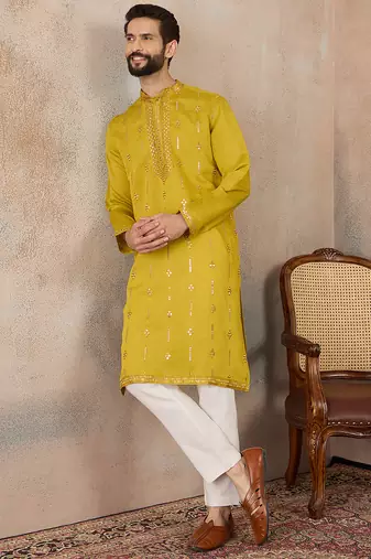 Men's yellow silk blend embroidered solid kurta – stylish festive ethnic wear