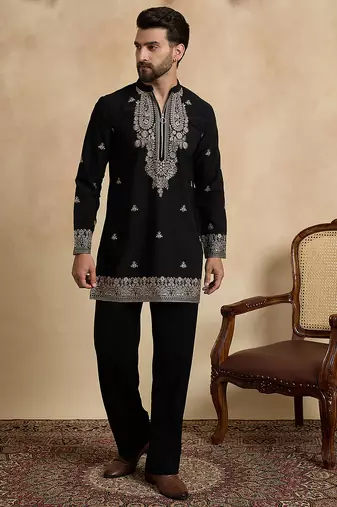 Men's black viscose rayon embroidered solid kurta     stylish festive ethnic wear