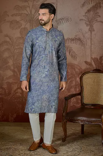 Men's blue viscose rayon embroidered floral kurta – stylish festive ethnic wear