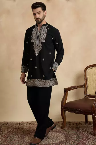 Men's black viscose rayon embroidered solid kurta     stylish festive ethnic wear
