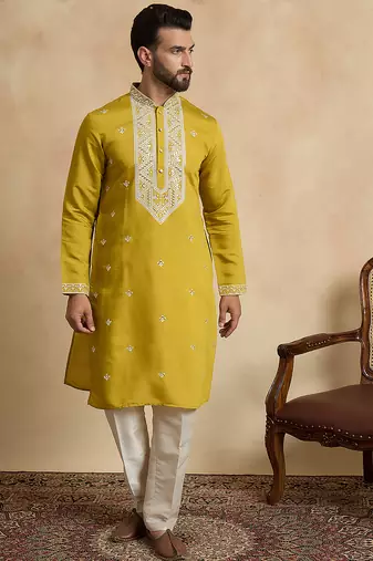 Men's yellow viscose rayon embroidered solid kurta stylish festive ethnic wear