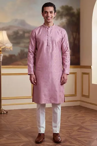 Men's pink jacquard embroidered design geometric kurta with trousers     trendy festive & wedding wear
