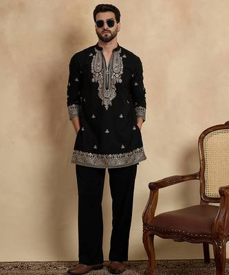 Men's black viscose rayon embroidered solid kurta – stylish festive ethnic wear 5