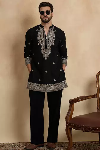 Men's black viscose rayon embroidered solid kurta     stylish festive ethnic wear