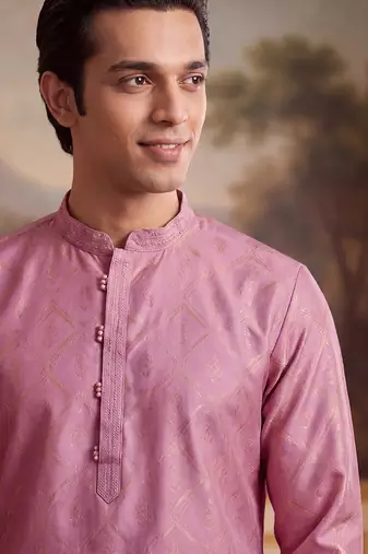 Men's pink jacquard embroidered design geometric kurta with trousers     trendy festive & wedding wear