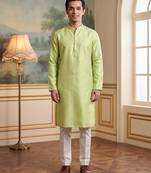 Men's green jacquard woven design ethnic motifs kurta with trousers – trendy festive & wedding wear