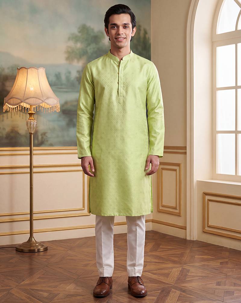 Men's green jacquard woven design ethnic motifs kurta with trousers – trendy festive & wedding wear