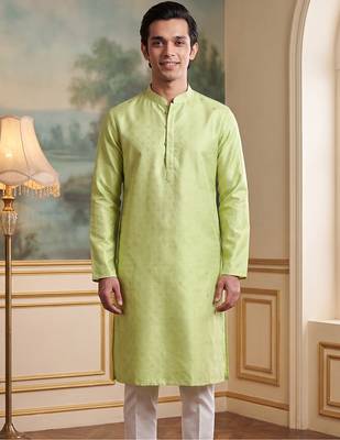 Men's green jacquard woven design ethnic motifs kurta with trousers – trendy festive & wedding wear 2