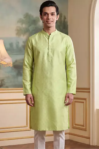 Men's green jacquard woven design ethnic motifs kurta with trousers trendy festive & wedding wear