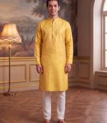 Men's yellow jacquard woven design ethnic motifs kurta with trousers – trendy festive & wedding wear