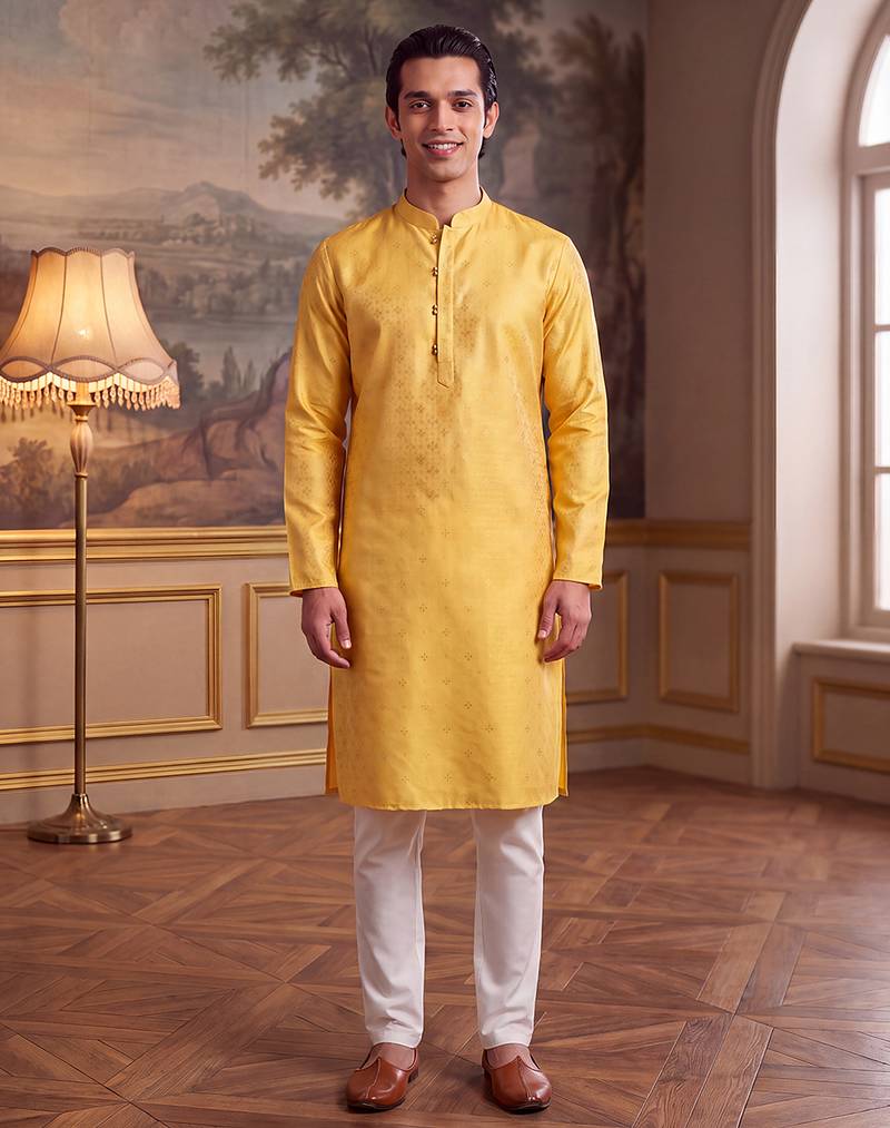 Men's yellow jacquard woven design ethnic motifs kurta with trousers – trendy festive & wedding wear
