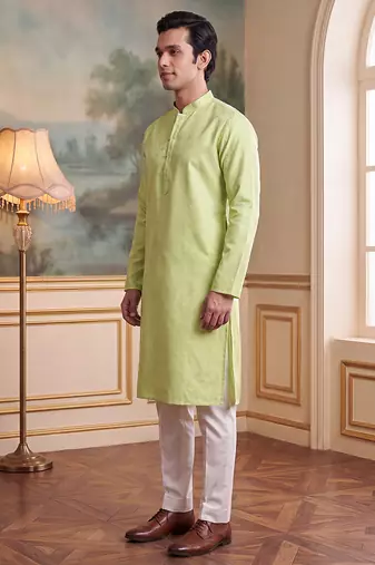 Men's green jacquard woven design ethnic motifs kurta with trousers trendy festive & wedding wear