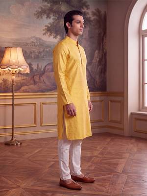 Men's yellow jacquard woven design ethnic motifs kurta with trousers – trendy festive & wedding wear 2