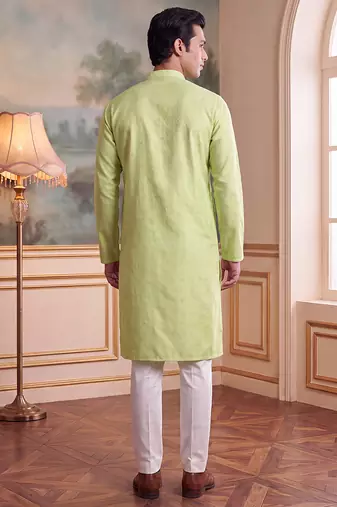 Men's green jacquard woven design ethnic motifs kurta with trousers trendy festive & wedding wear