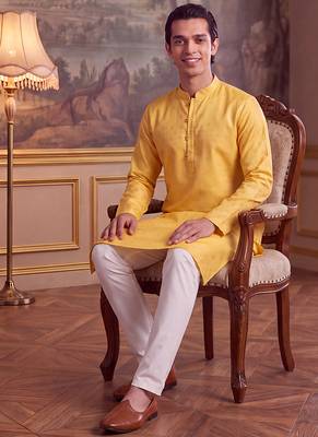 Men's yellow jacquard woven design ethnic motifs kurta with trousers – trendy festive & wedding wear 3