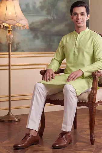 Men's green jacquard woven design ethnic motifs kurta with trousers trendy festive & wedding wear