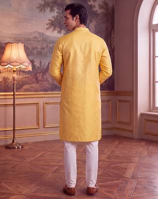 Men's yellow jacquard woven design ethnic motifs kurta with trousers – trendy festive & wedding wear 5
