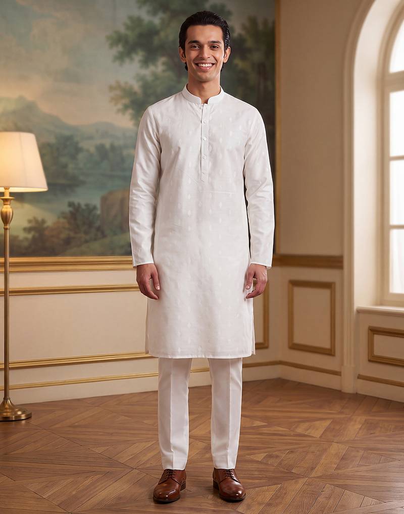 Men's white pure cotton woven design ethnic motifs kurta with trousers – trendy festive & wedding wear