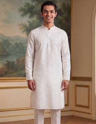 Men's white pure cotton woven design ethnic motifs kurta with trousers – trendy festive & wedding wear 2