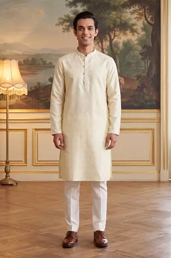 Men's off white jacquard woven design ethnic motifs kurta with trousers trendy festive & wedding wear
